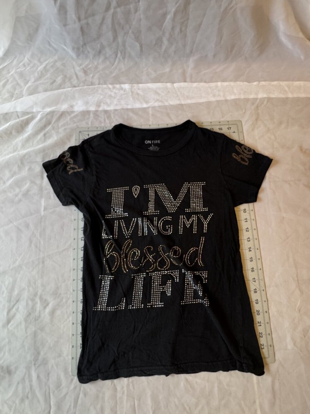 On Fire Blessed Life Rhinestone Graphic T-Shirt Black Size L